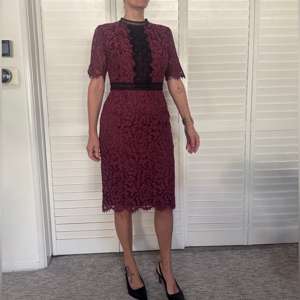 Rachel Parcell Cranberry Lace Midi Dress w/ Black Trim – Medium - Picture 8 of 9
